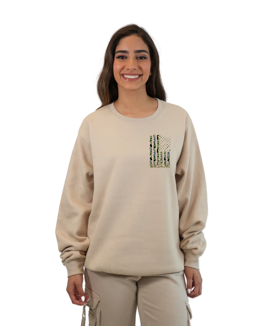 Santa Rosa Beach American Flag Women Crewneck – Camouflage Edition