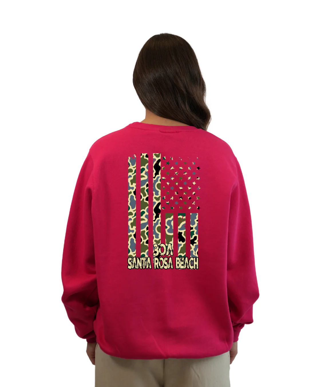 Santa Rosa Beach American Flag Women Crewneck – Camouflage Edition - Image 10