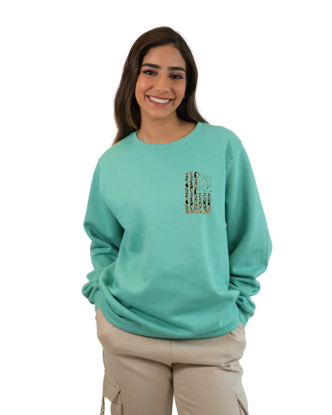 Santa Rosa Beach American Flag Women Crewneck – Camouflage Edition - Image 2