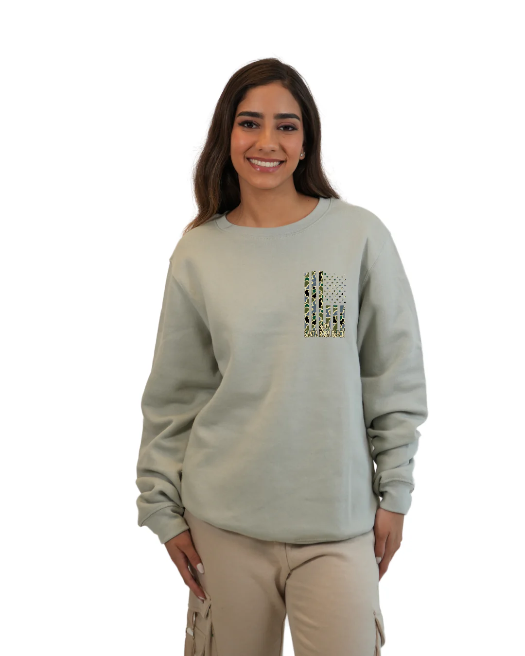 Santa Rosa Beach American Flag Women Crewneck – Camouflage Edition - Image 3