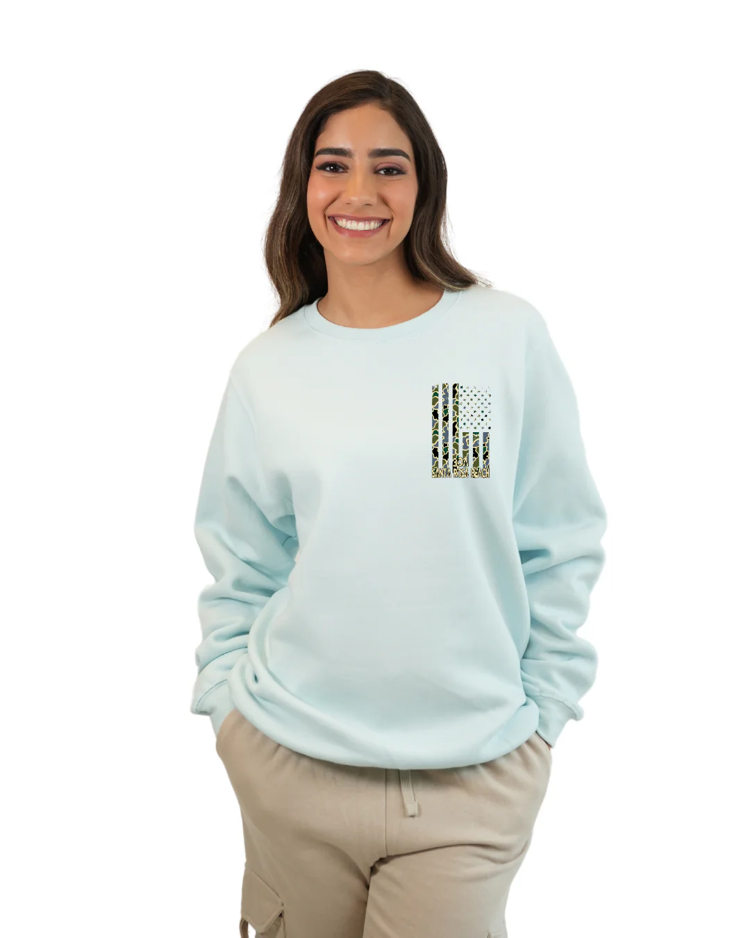 Santa Rosa Beach American Flag Women Crewneck – Camouflage Edition - Image 4