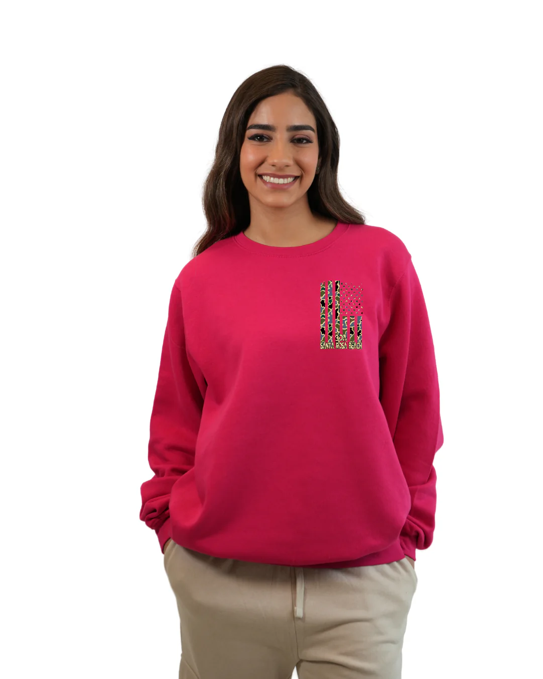 Santa Rosa Beach American Flag Women Crewneck – Camouflage Edition - Image 5