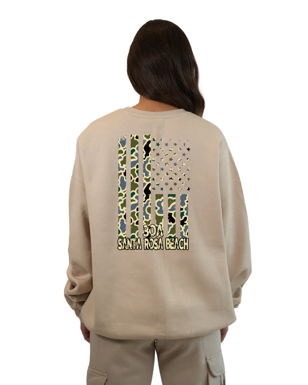 Santa Rosa Beach American Flag Women Crewneck – Camouflage Edition - Image 6