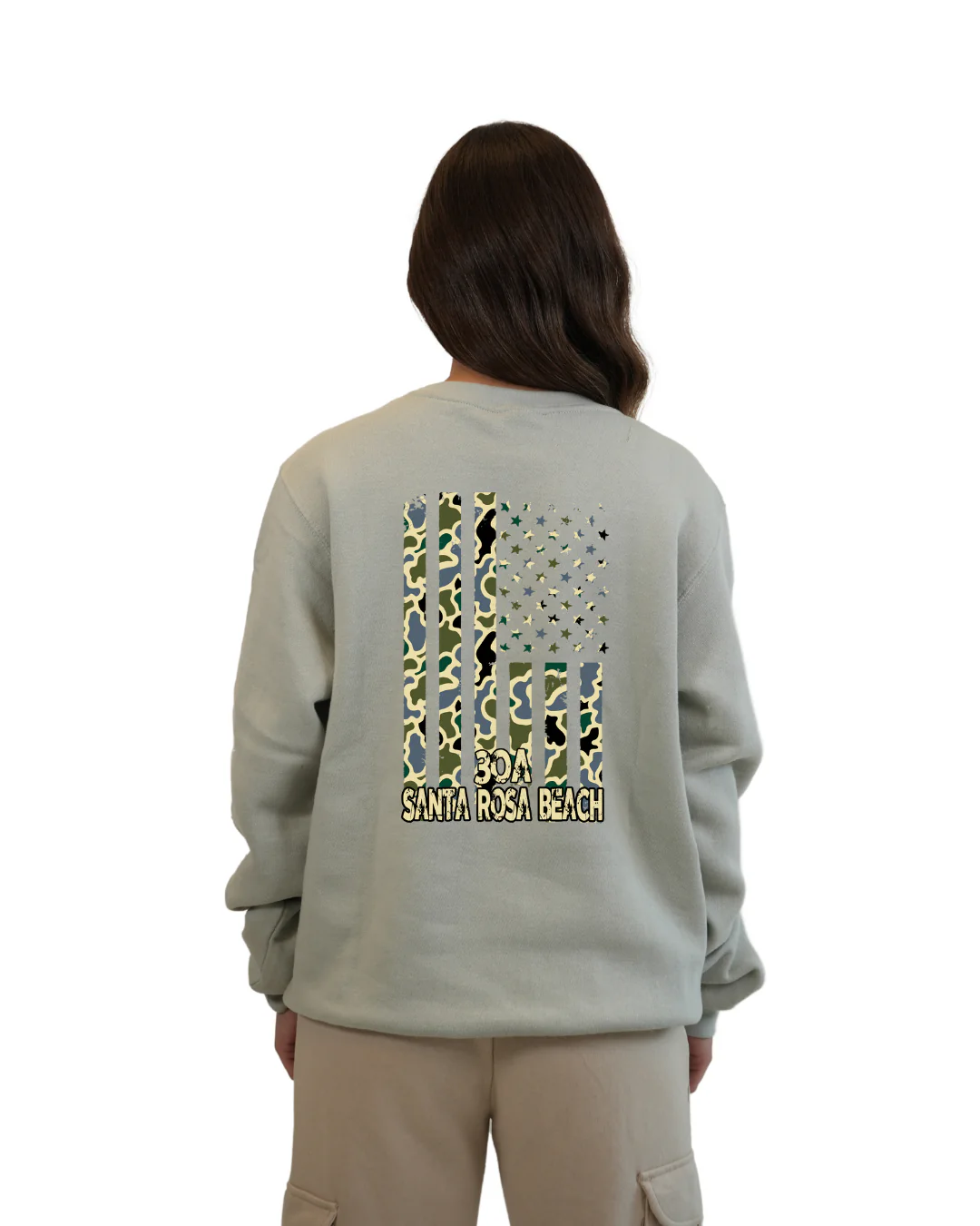 Santa Rosa Beach American Flag Women Crewneck – Camouflage Edition - Image 8