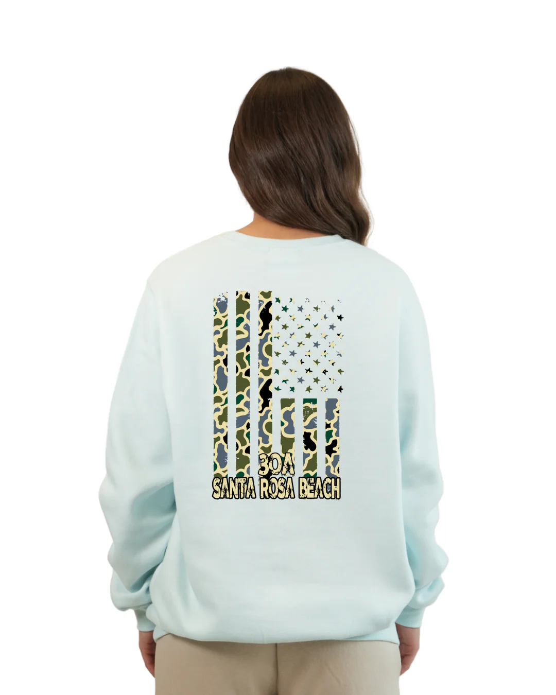 Santa Rosa Beach American Flag Women Crewneck – Camouflage Edition - Image 9