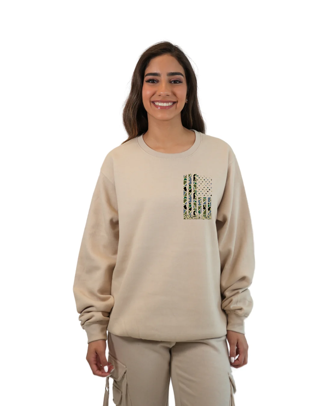 Pensacola Beach American Flag Women Crewneck – Camouflage Edition