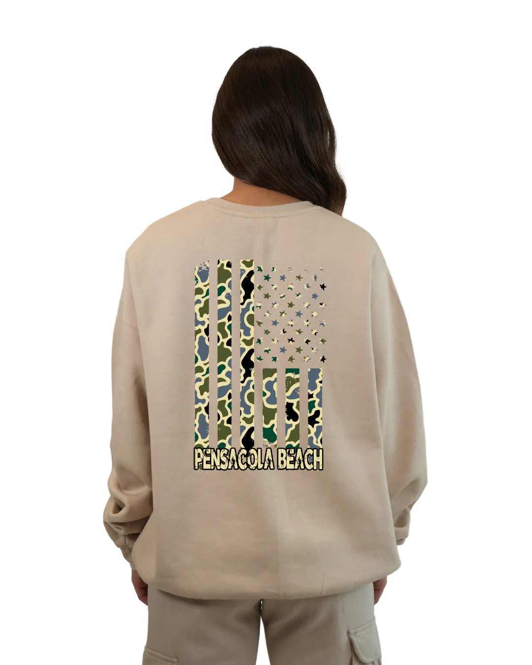 Pensacola Beach American Flag Women Crewneck – Camouflage Edition - Image 10