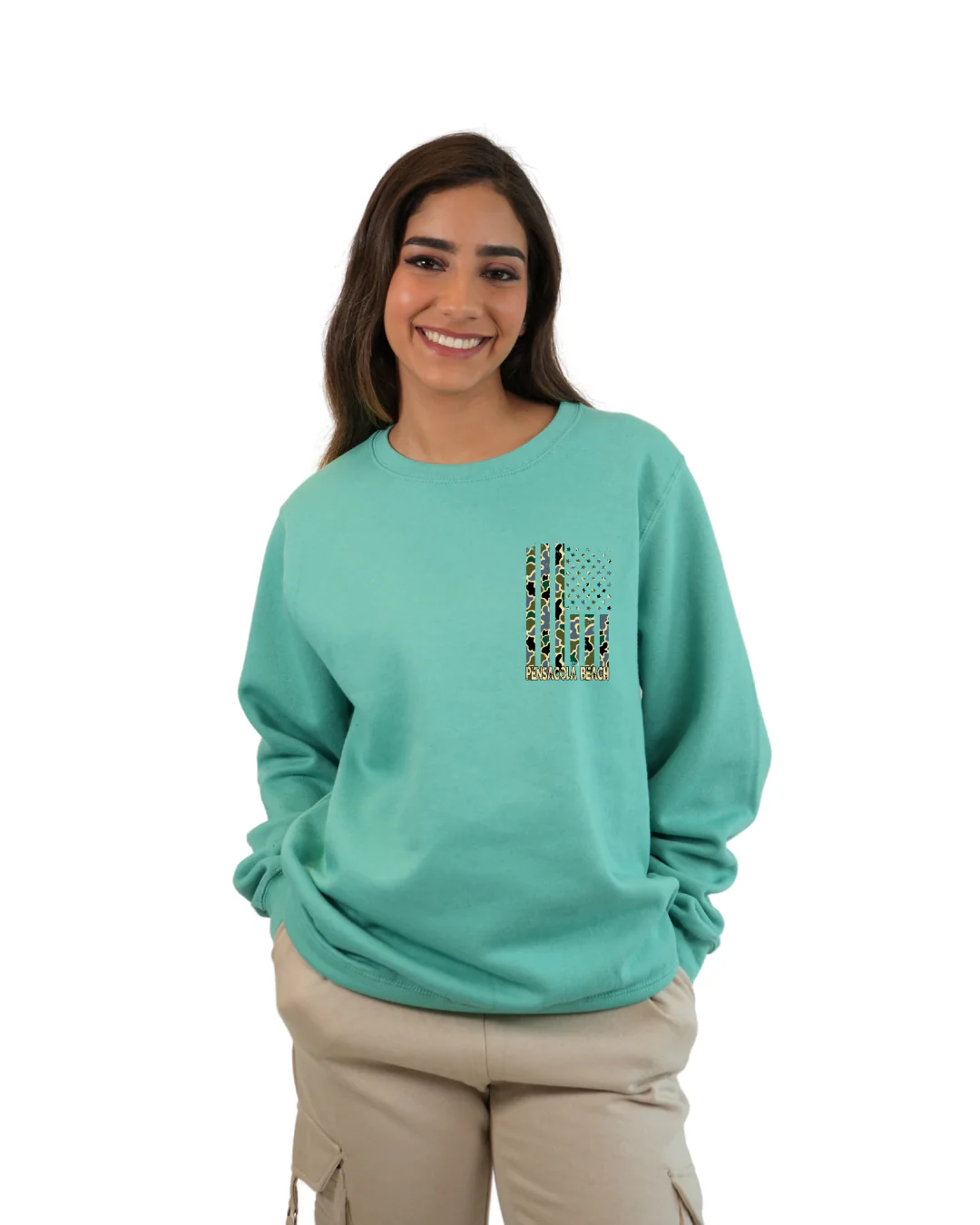 Pensacola Beach American Flag Women Crewneck – Camouflage Edition - Image 2