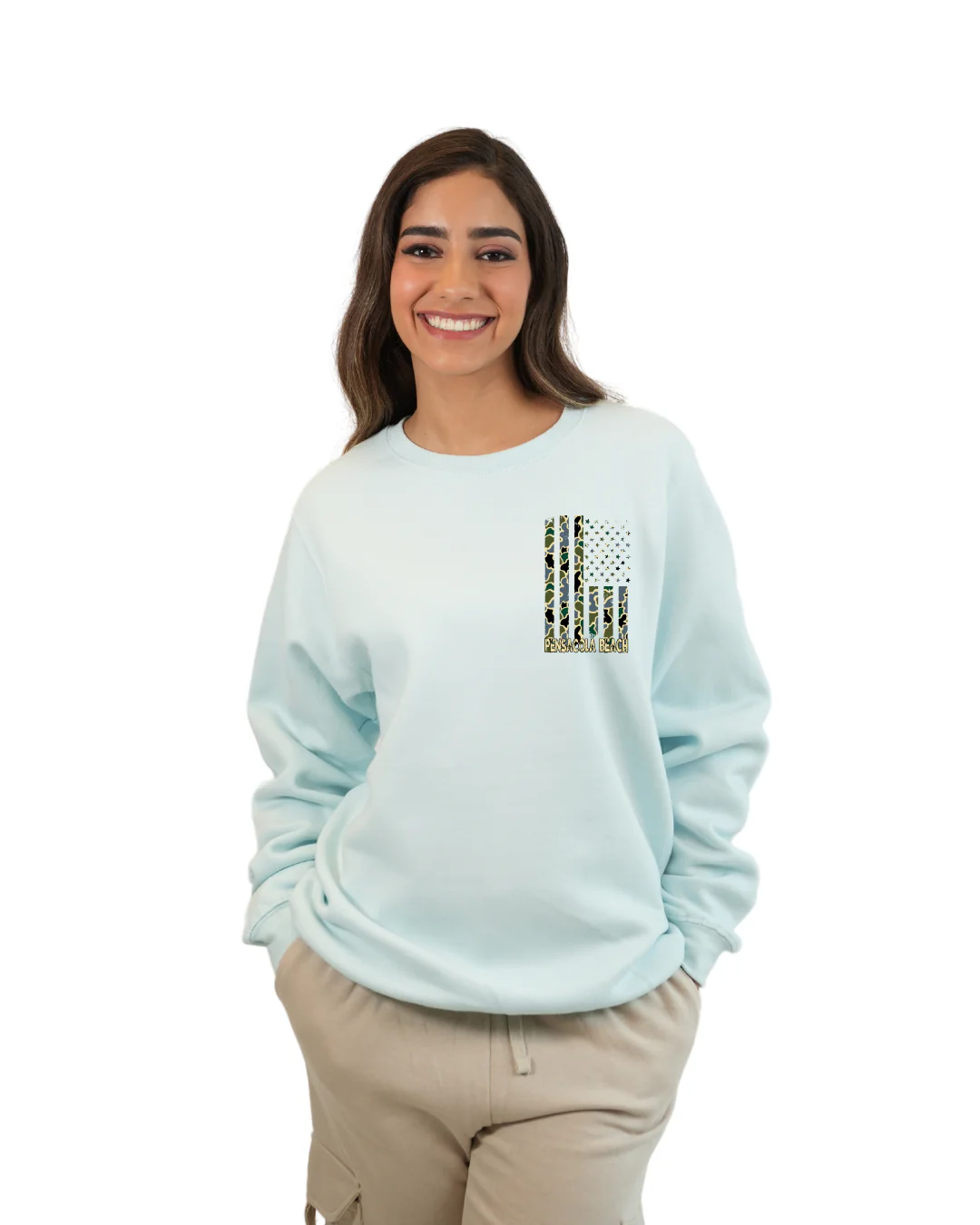 Pensacola Beach American Flag Women Crewneck – Camouflage Edition - Image 4