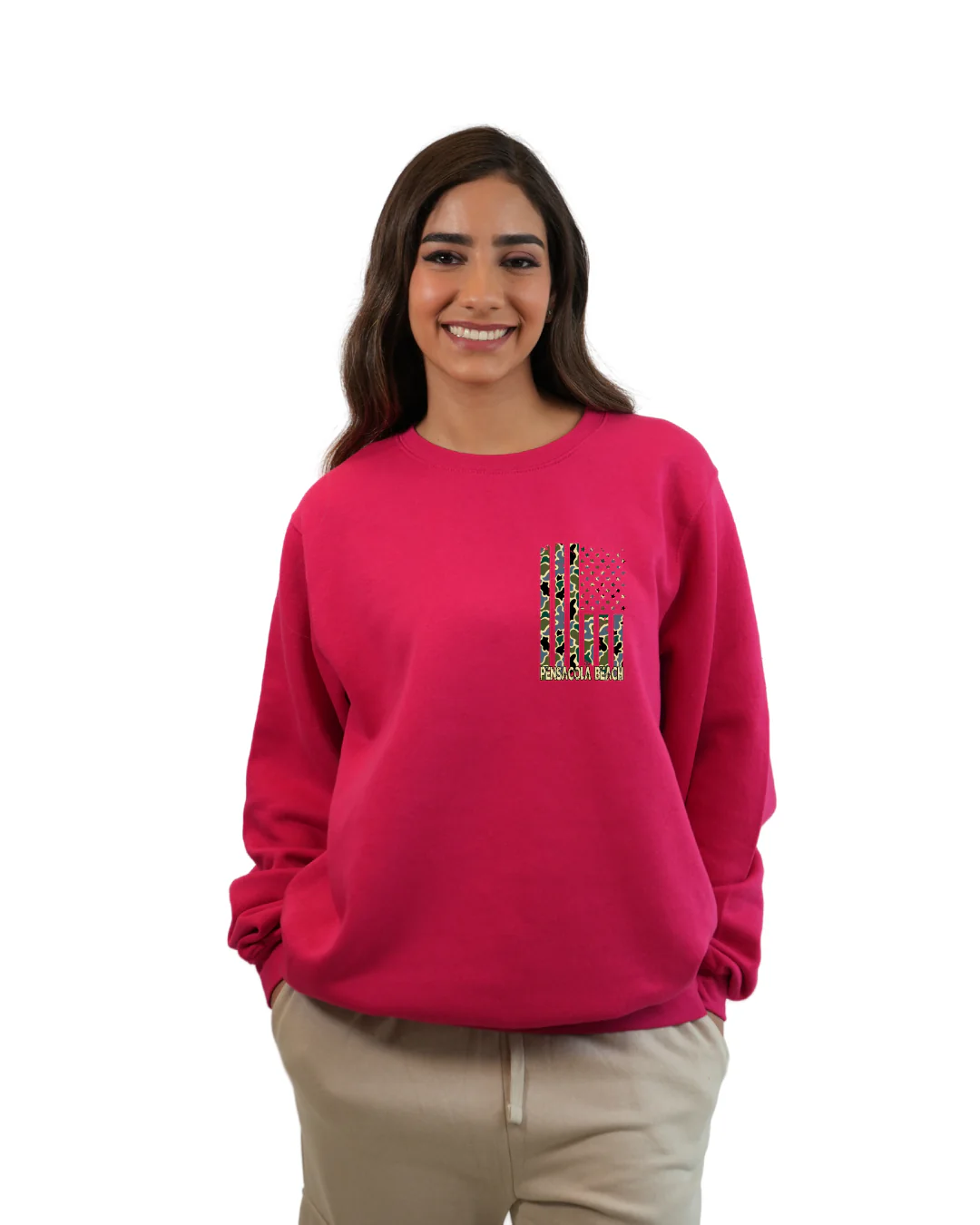 Pensacola Beach American Flag Women Crewneck – Camouflage Edition - Image 5