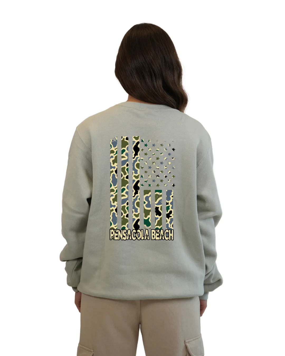 Pensacola Beach American Flag Women Crewneck – Camouflage Edition - Image 6
