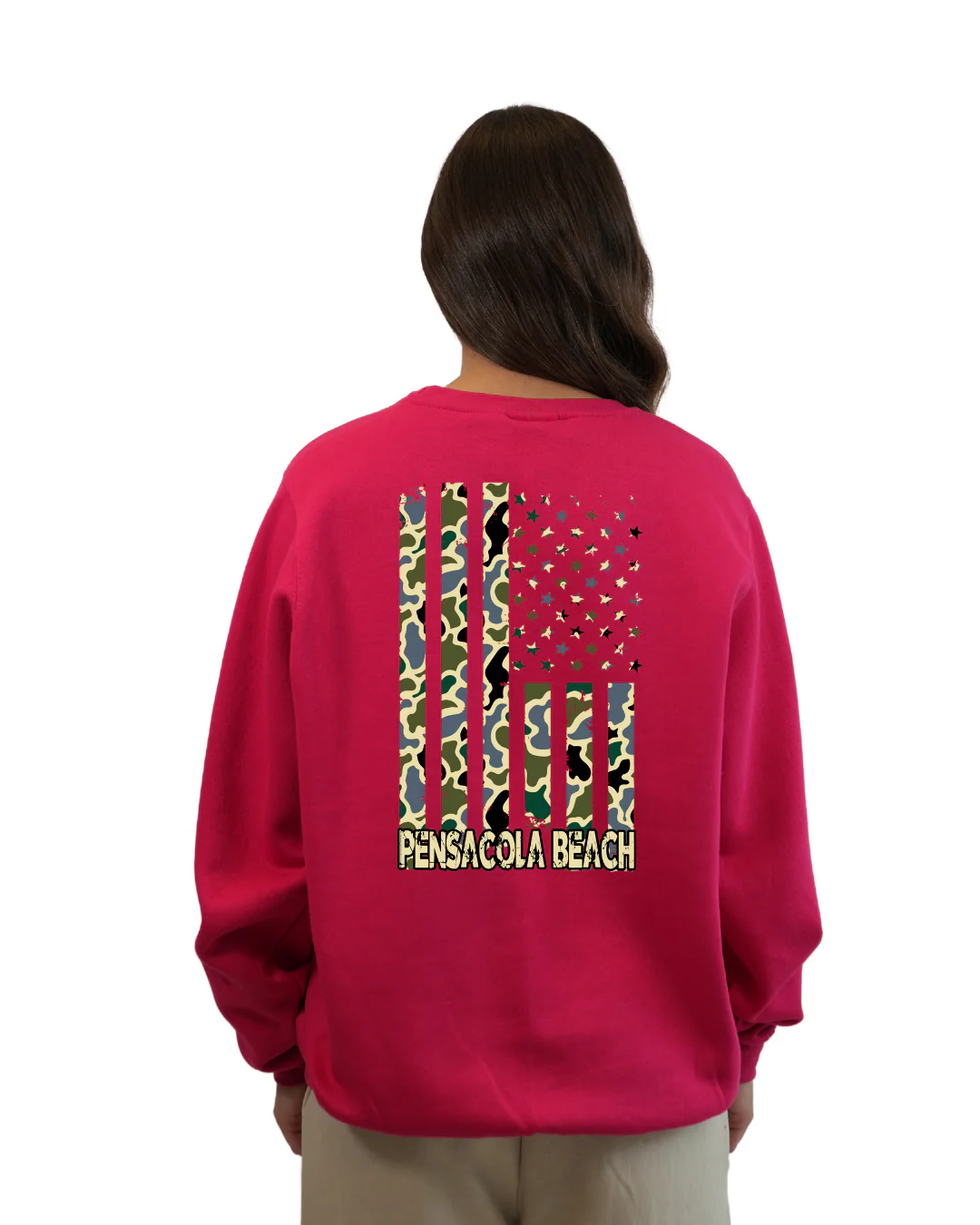 Pensacola Beach American Flag Women Crewneck – Camouflage Edition - Image 7