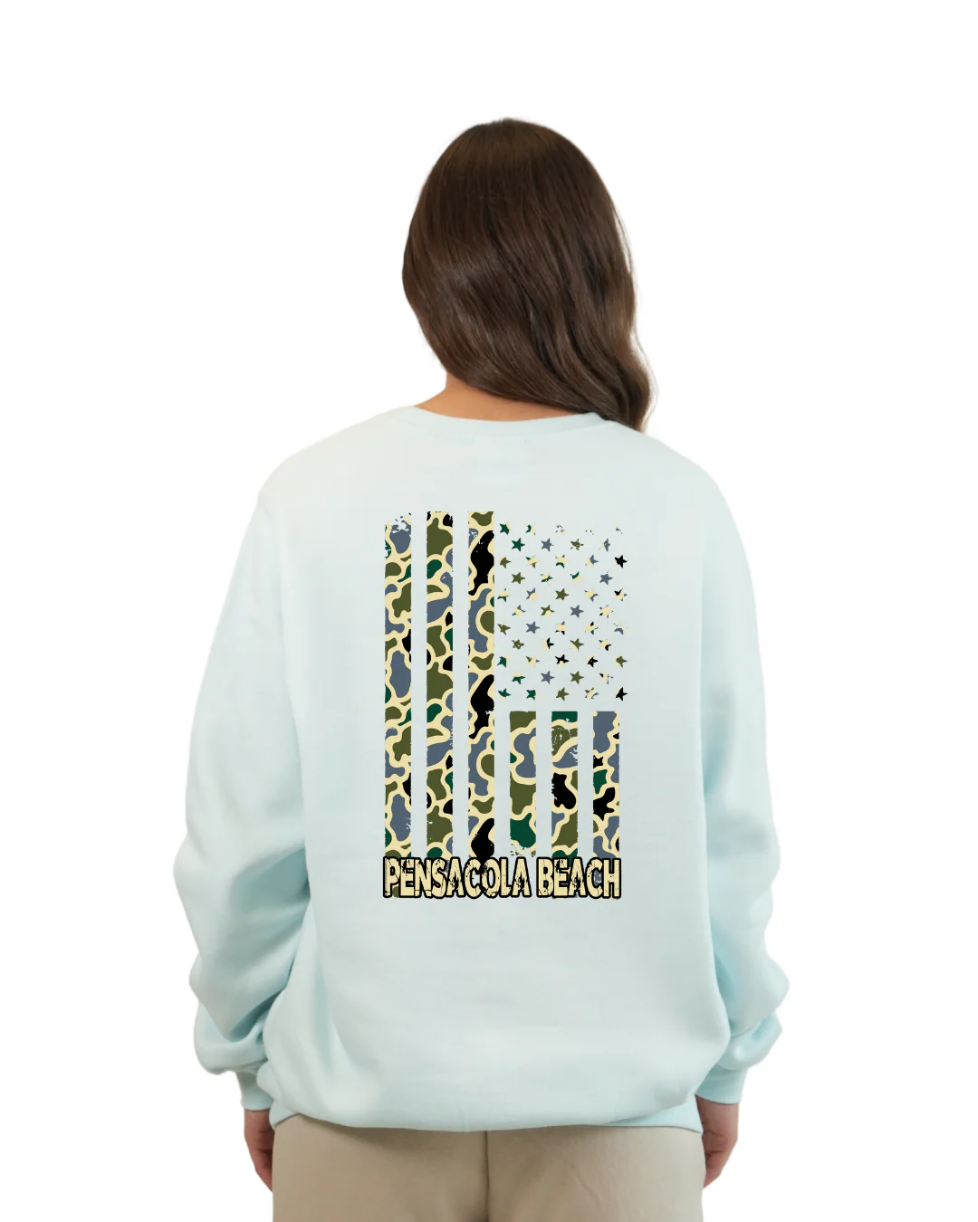 Pensacola Beach American Flag Women Crewneck – Camouflage Edition - Image 8
