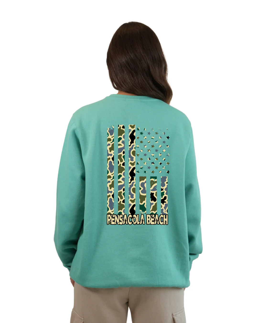 Pensacola Beach American Flag Women Crewneck – Camouflage Edition - Image 9