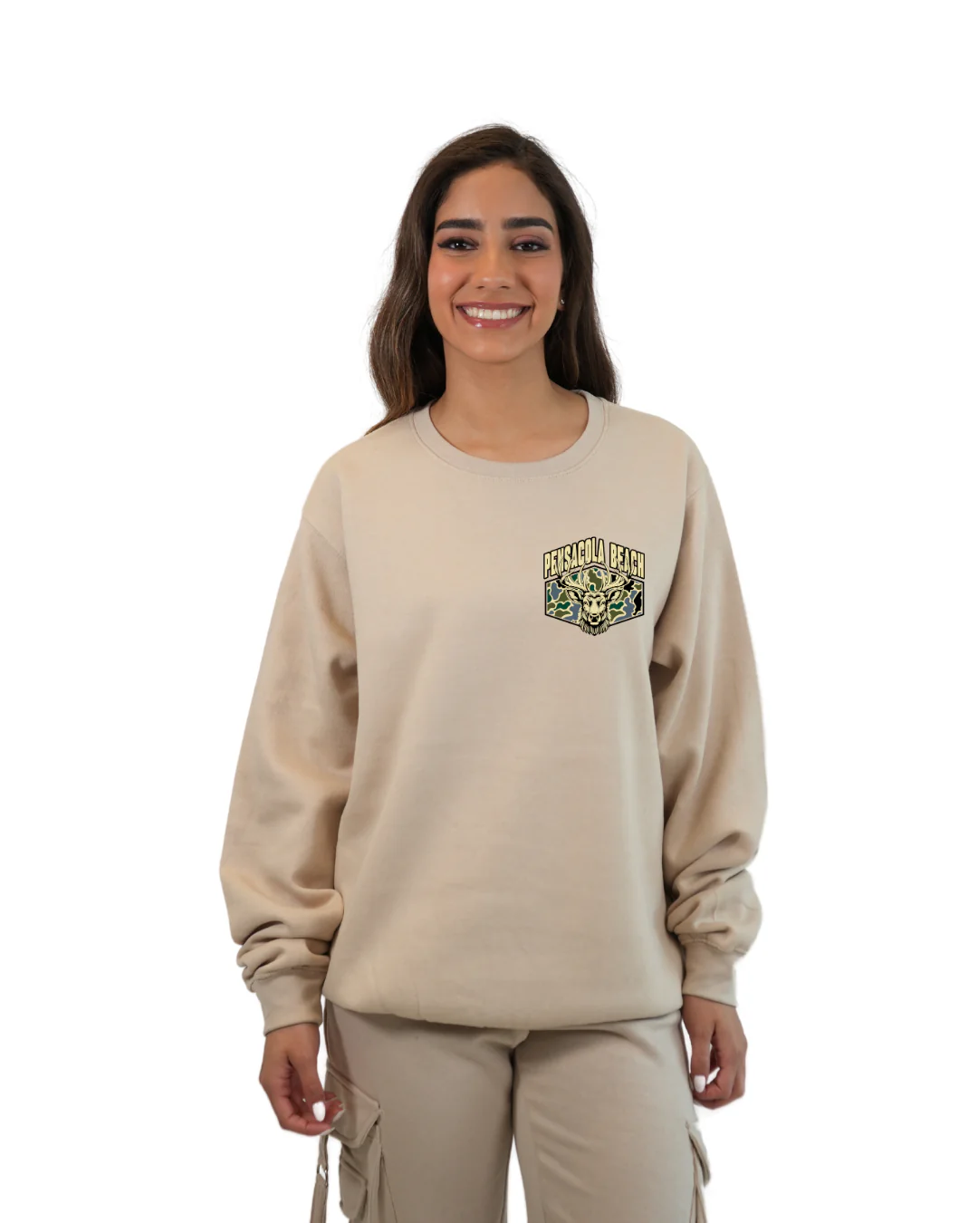 Pensacola Beach Deer Women Crewneck – Camouflage Edition - Image 3