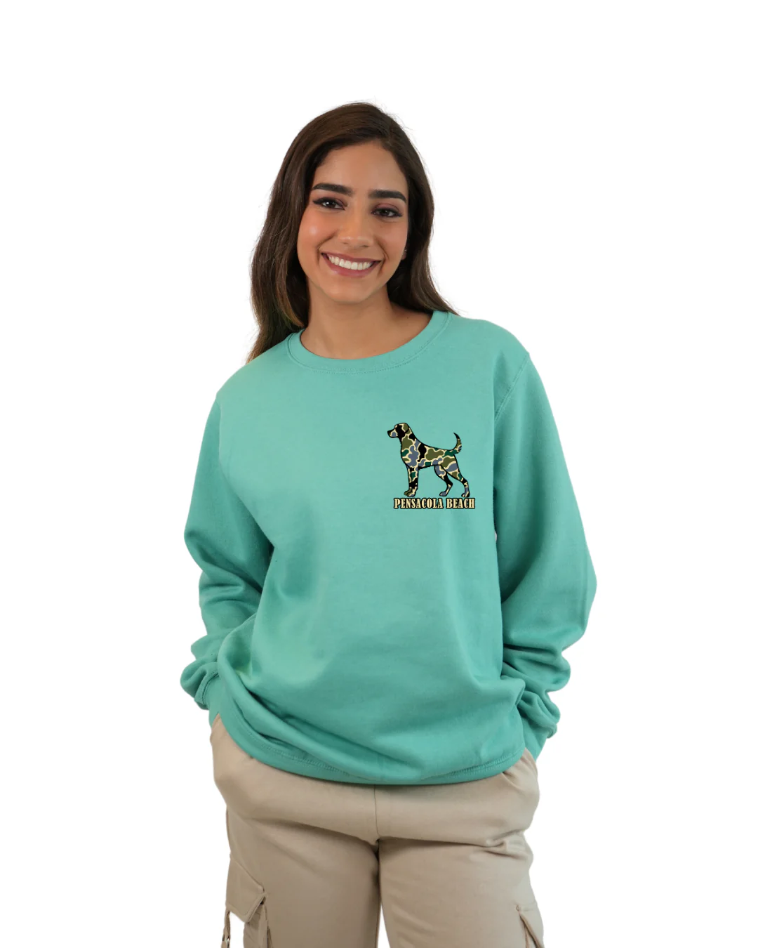 Pensacola Beach Dog Women Crewneck – Camouflage Edition - Image 4