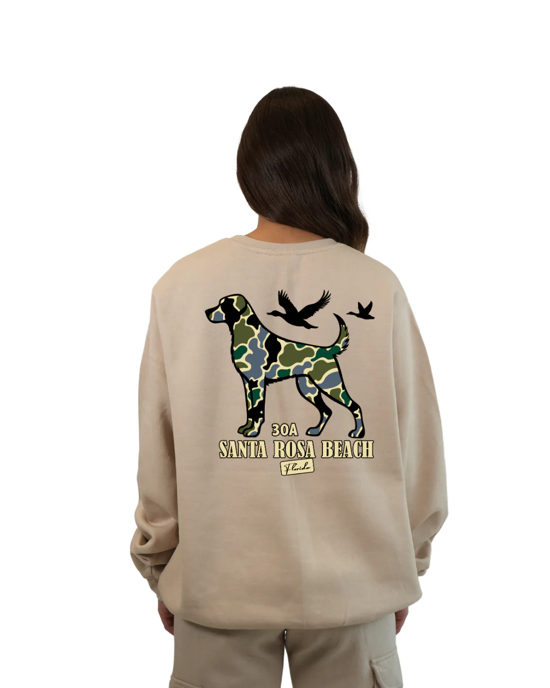 Santa Rosa Beach Dog Women Crewneck – Camouflage Edition - Image 6