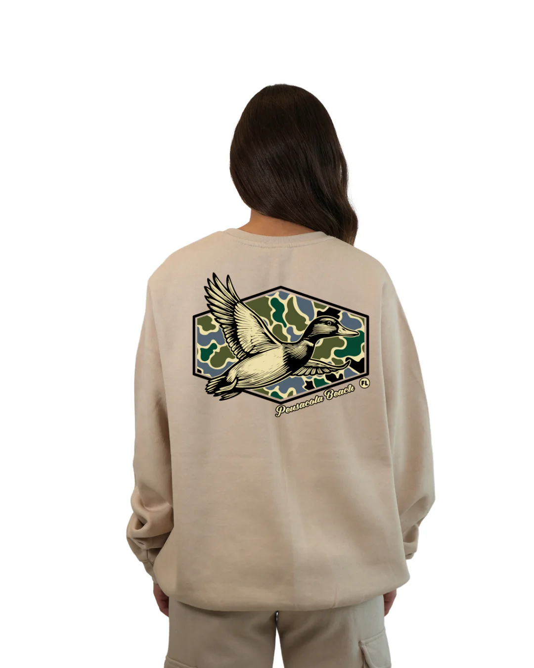 Pensacola Beach Duck Women Crewneck – Camouflage Edition - Image 8