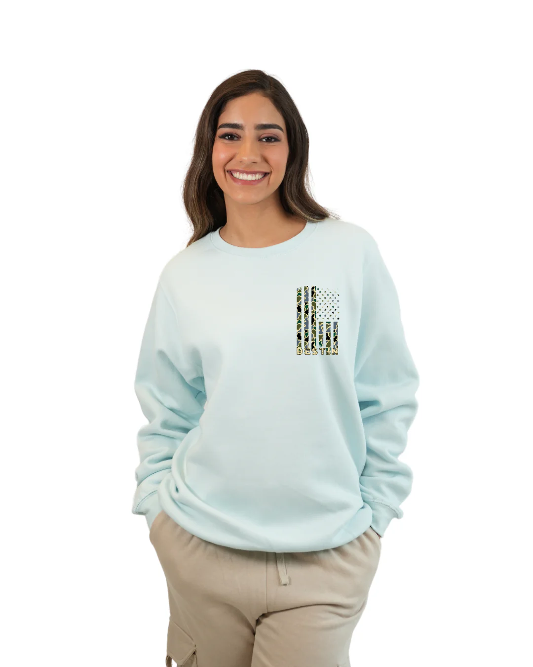 Destin American Flag Women Crewneck – Camouflage Edition