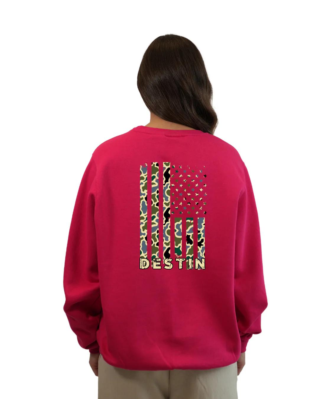 Destin American Flag Women Crewneck – Camouflage Edition - Image 10