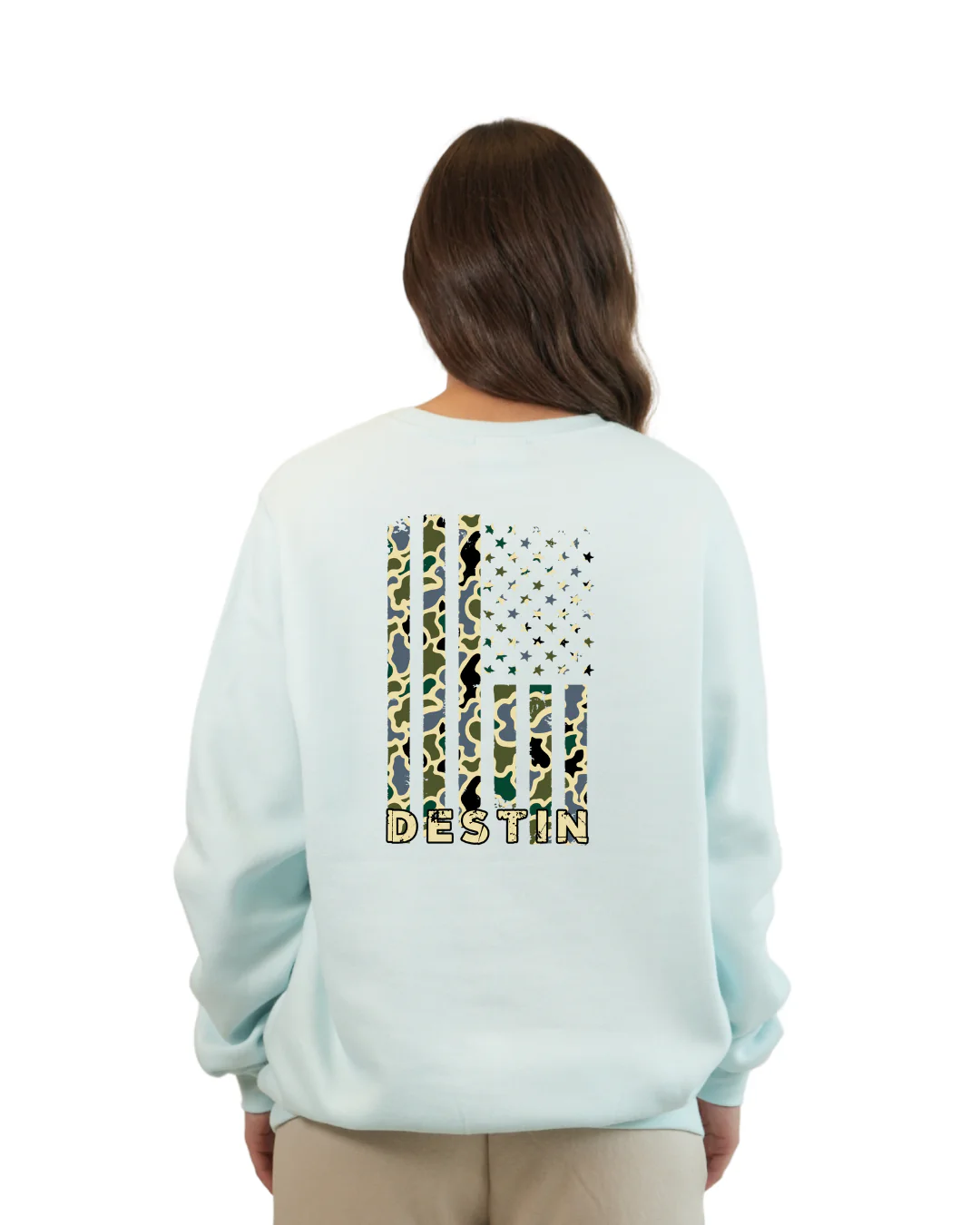 Destin American Flag Women Crewneck – Camouflage Edition - Image 2