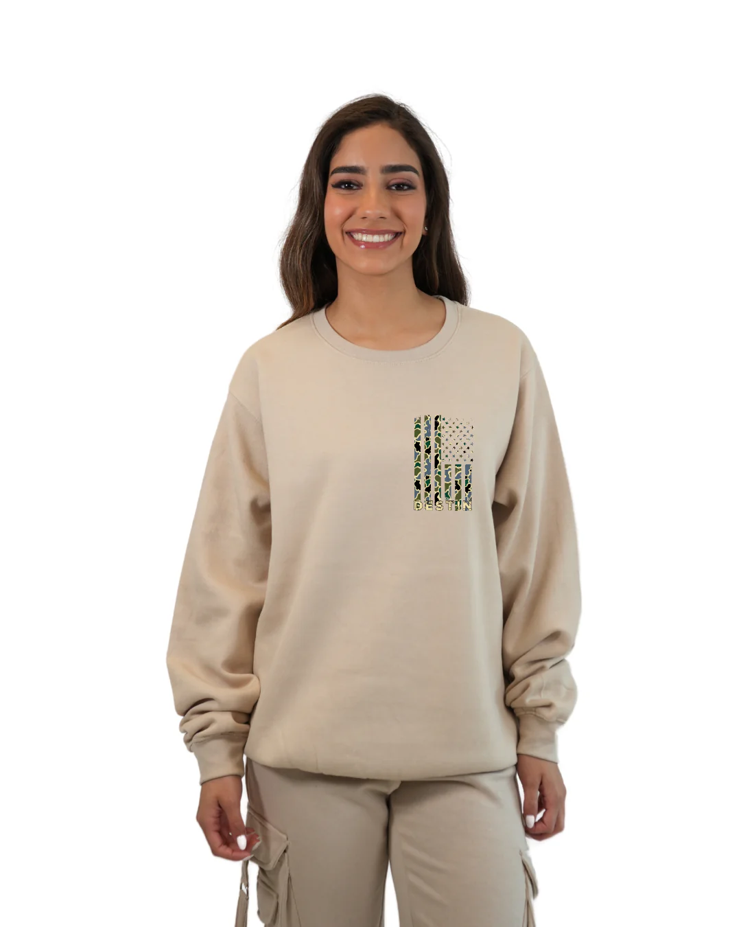 Destin American Flag Women Crewneck – Camouflage Edition - Image 3