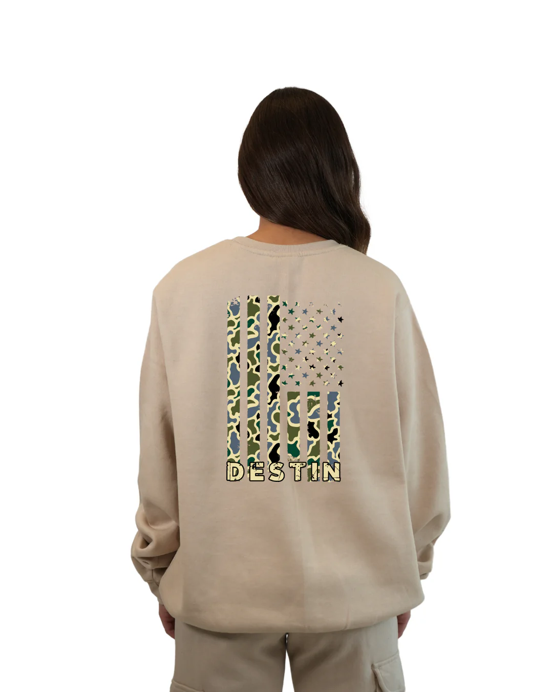 Destin American Flag Women Crewneck – Camouflage Edition - Image 7