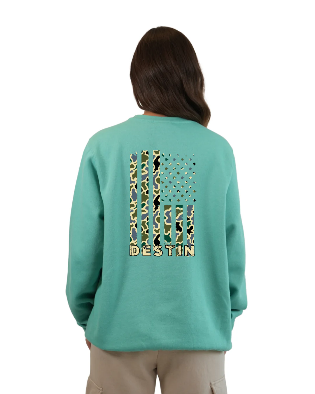 Destin American Flag Women Crewneck – Camouflage Edition - Image 8