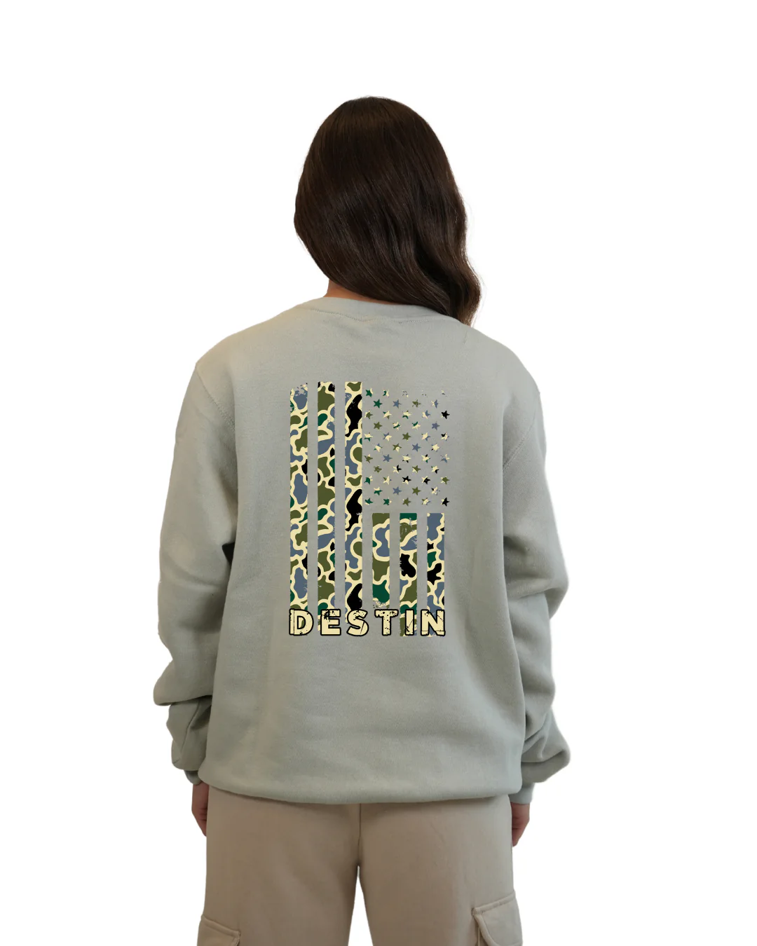 Destin American Flag Women Crewneck – Camouflage Edition - Image 9