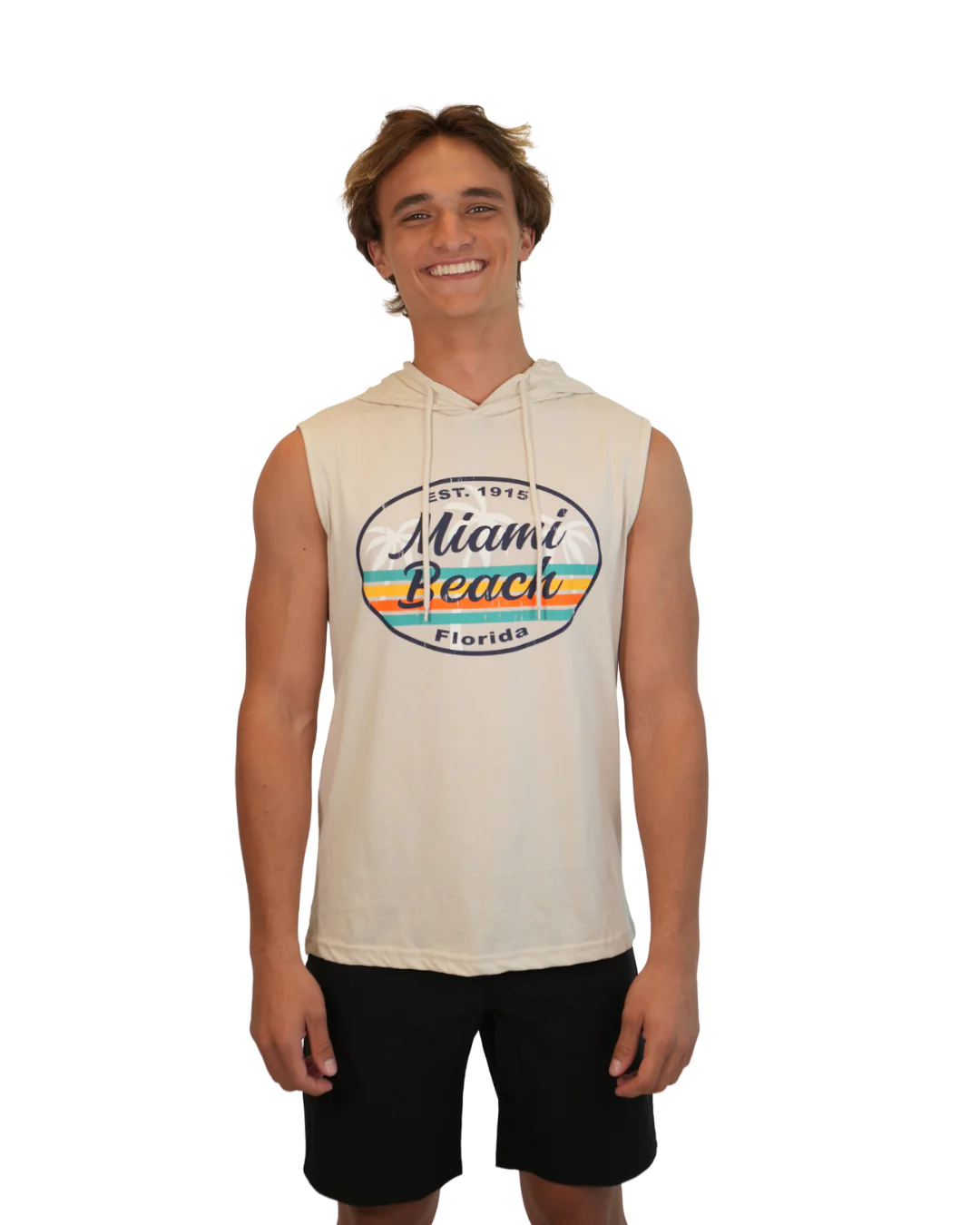 Miami Beach Fl, Palm Tree and Stripes Est. 1915 Knit Sleeveless Hoodie Style 229