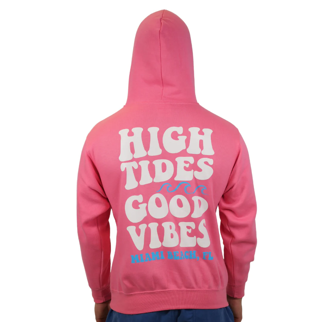 Miami Beach High Tides Good Vibes Pullover Hoodie Unisex Flamingo Pink Style 252 - Image 3