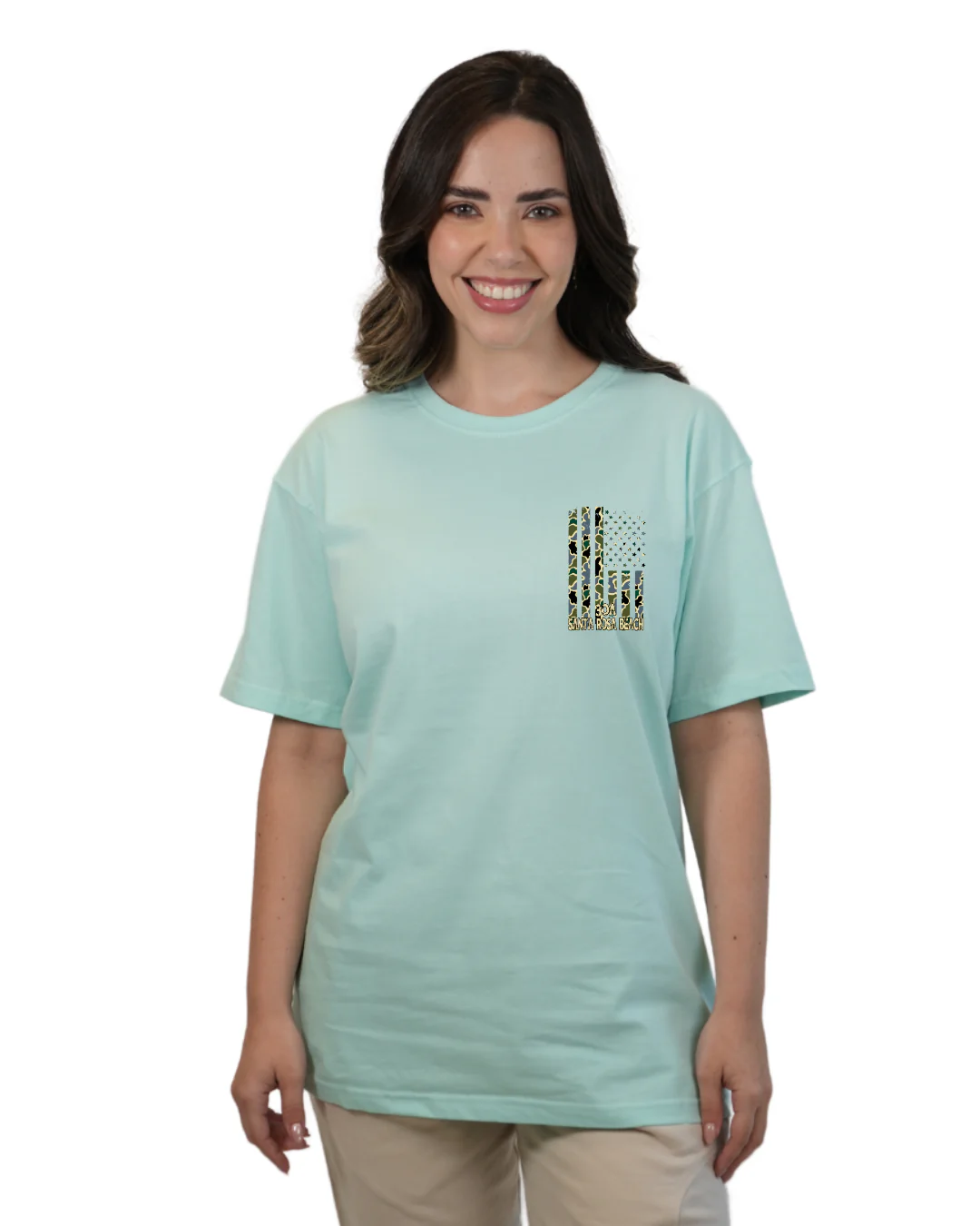 Santa Rosa Beach American Women Flag T-Shirt – Camouflage Edition - Image 4