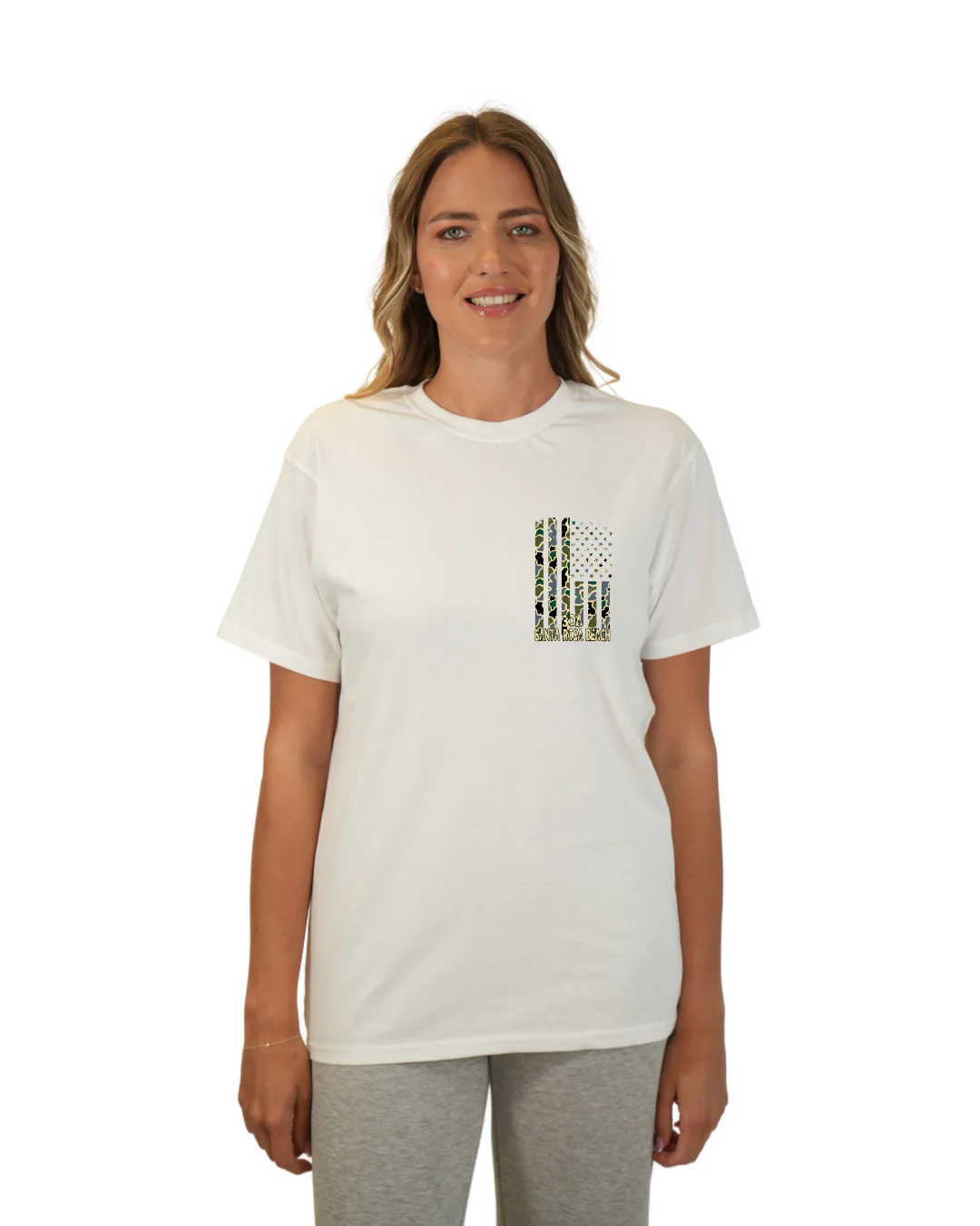 Santa Rosa Beach American Women Flag T-Shirt – Camouflage Edition - Image 5