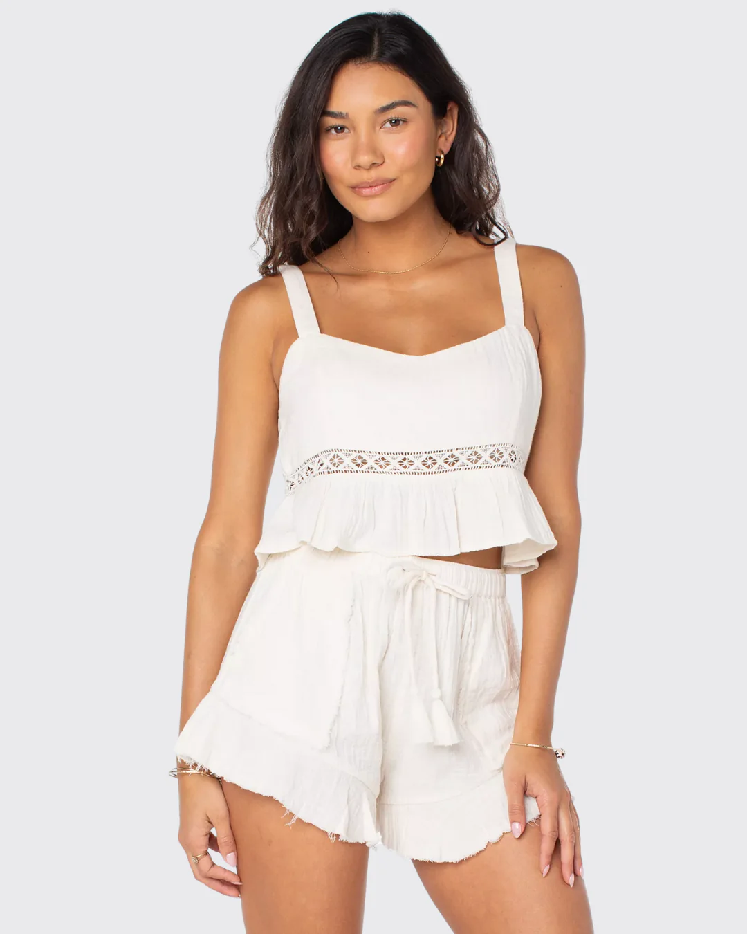 Roxy Banzai Babe Cream Drawstring Ruffled Shorts