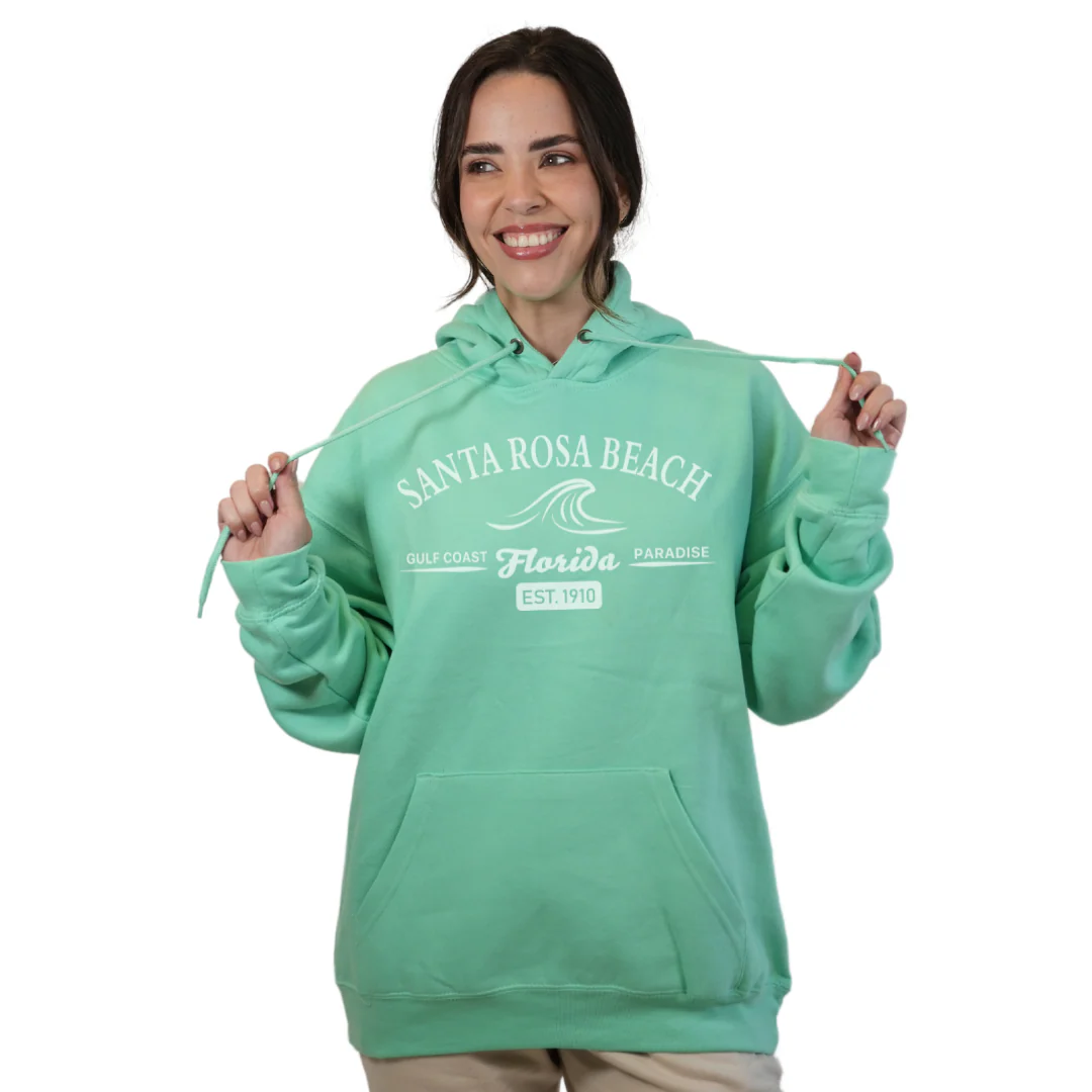 Santa Rosa Beach Pullover Hoodie Women with Big Front Florida Gulf Coast Paradise with Wave Icon Design Style 252 - Image 3